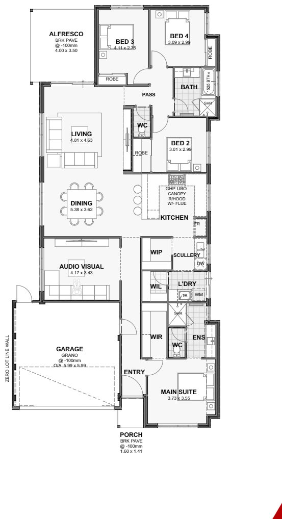 Seattle — 4x2, 12.5m lot home design floor plan, Perth
