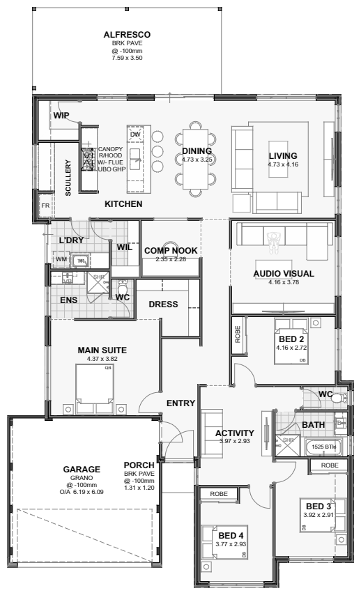 Ginsberg — 4x2, 15m lot home design floor plan, Perth
