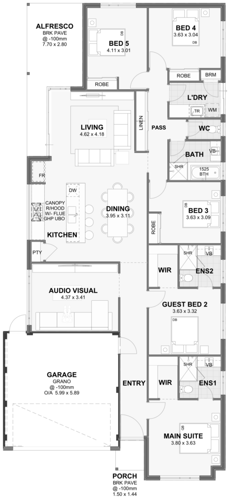 Revolution home design floor plan — 5 bedroom single storey, 12.5m frontage